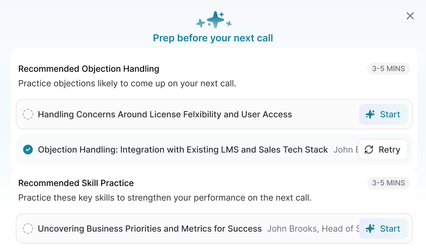Prep before your next call — bite-sized roleplays tied to live deals