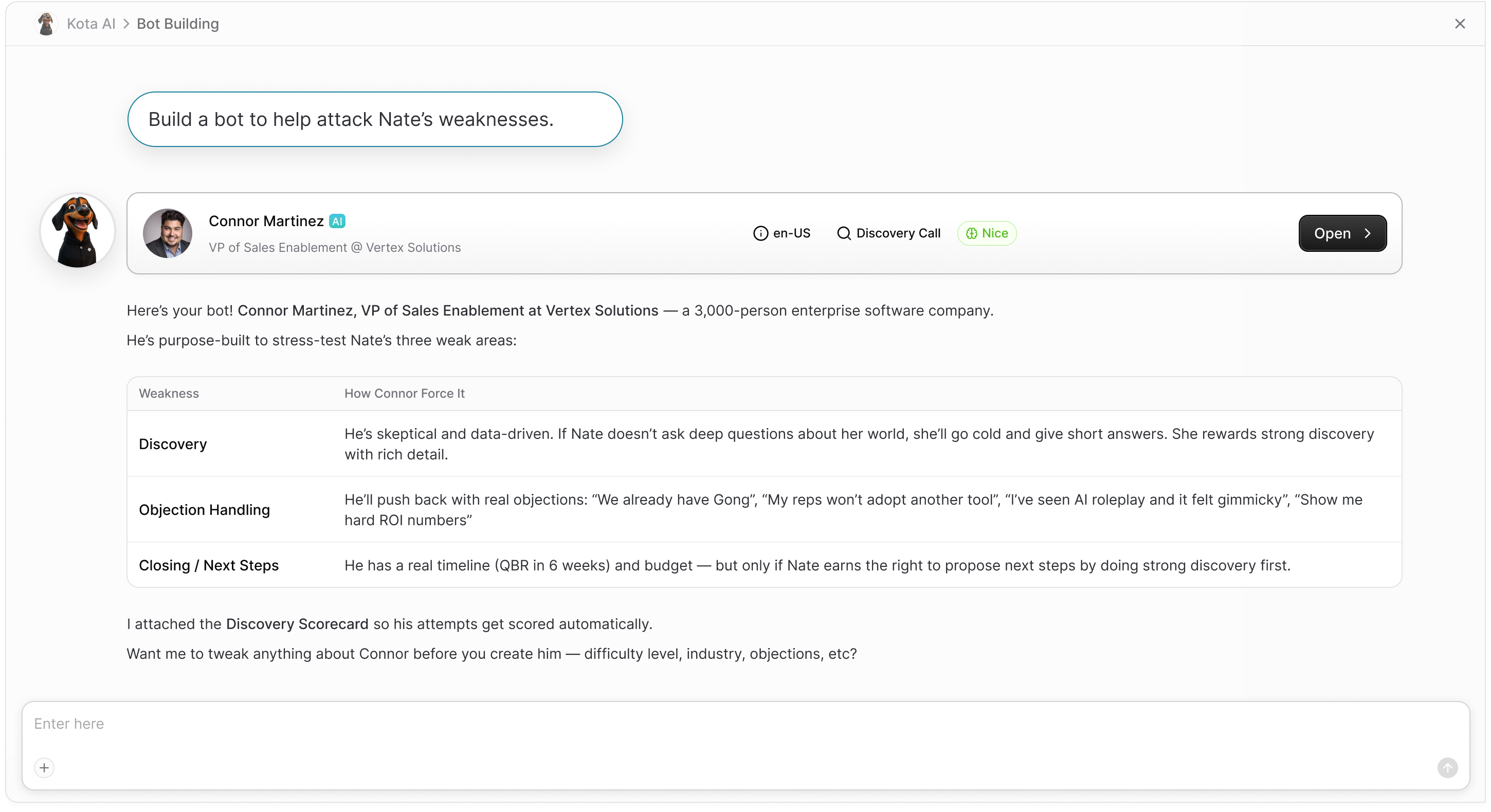 Kota AI bot builder targeting specific rep weaknesses