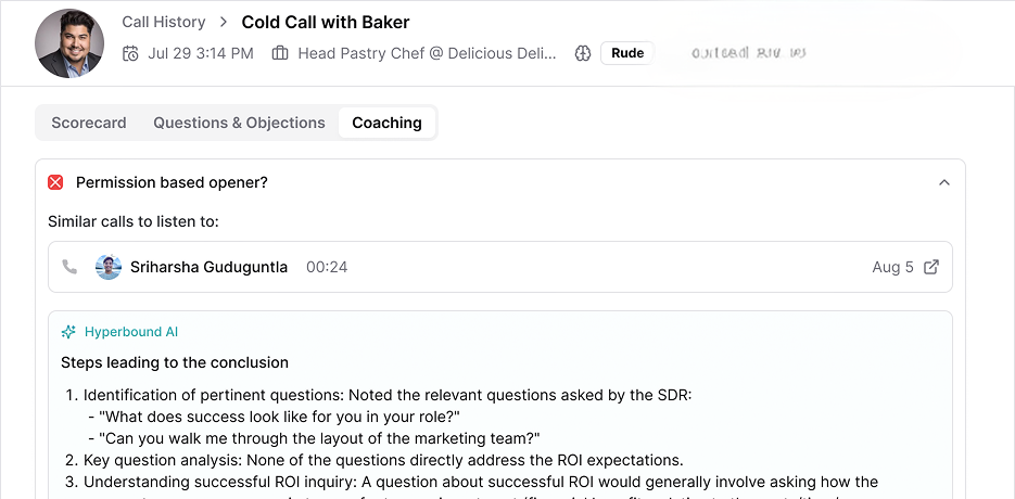 Coaching view showing top-rep behavior to model